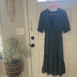 Chic Dark Green and White Polka Dot Midi Dress